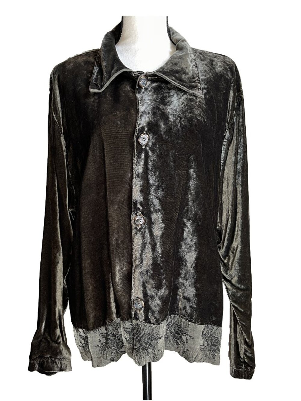 Vintage 90s CP Shades Crushed Velvet Oversized Shirt Olive Embroidered Boho L